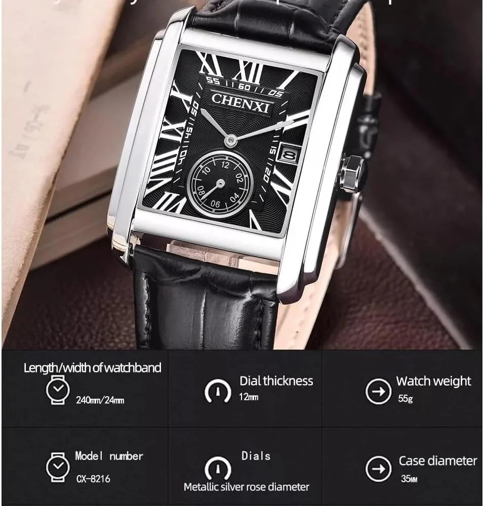 Men’s Watches Casual Retro Rectangular Waterproof Dress Analog Quartz Wri