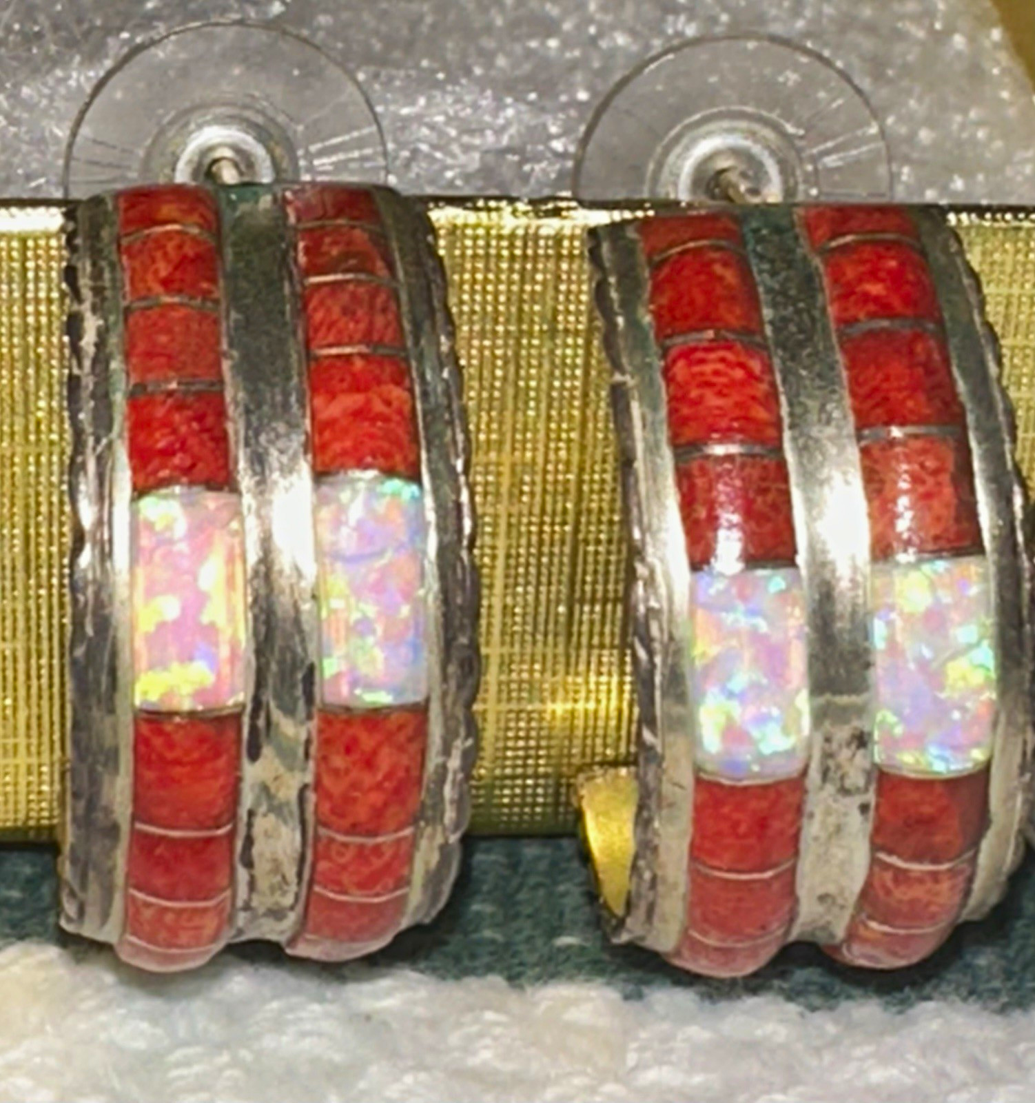 925 Sterling Silver Inlay White Opal & Red Spiny Oyster Hoop Earrings Stamped