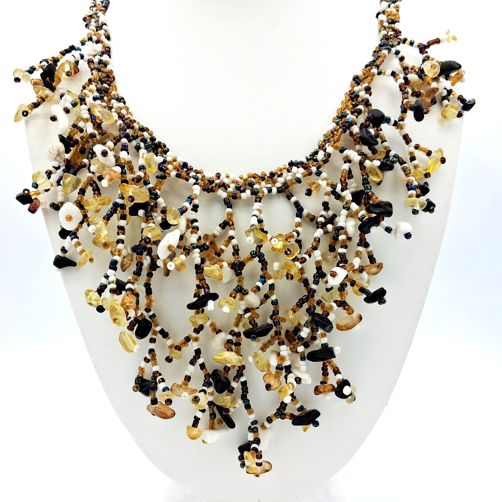 Boho Luxe Fringe Necklace Citrine Obsidian Beaded Artisan Statement Jewelry