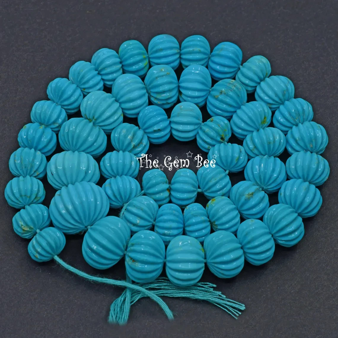 10.3MM-16MM Kingman Turquoise Hand Carved Melon Fluted Rondelle Bead 16.5 inch