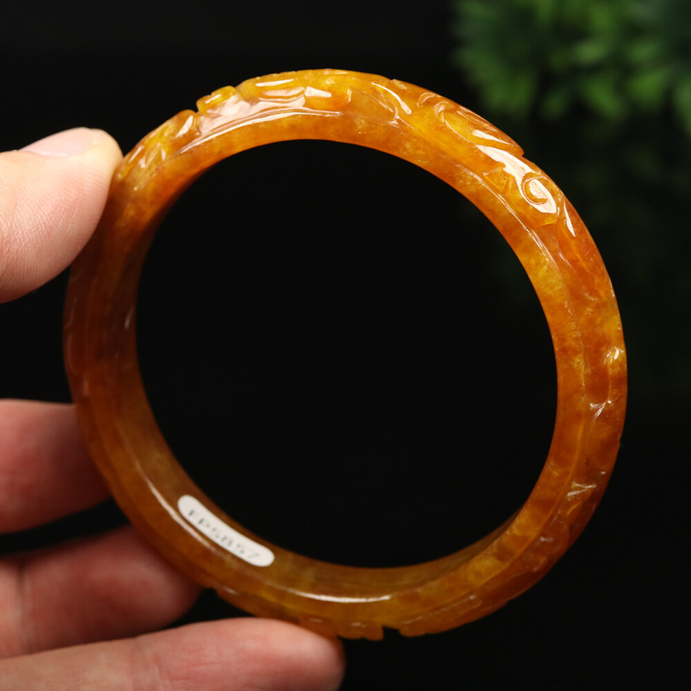 61mm Yellow Brown Jadeite Jade Bracelet Bangle Bat Lotus Burma Jade A-11767