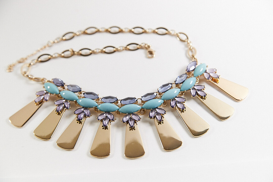 BAUBLEBAR Statement GoldTone Dangle Station Necklace LilacBlue Cabochons 18″+ 3″