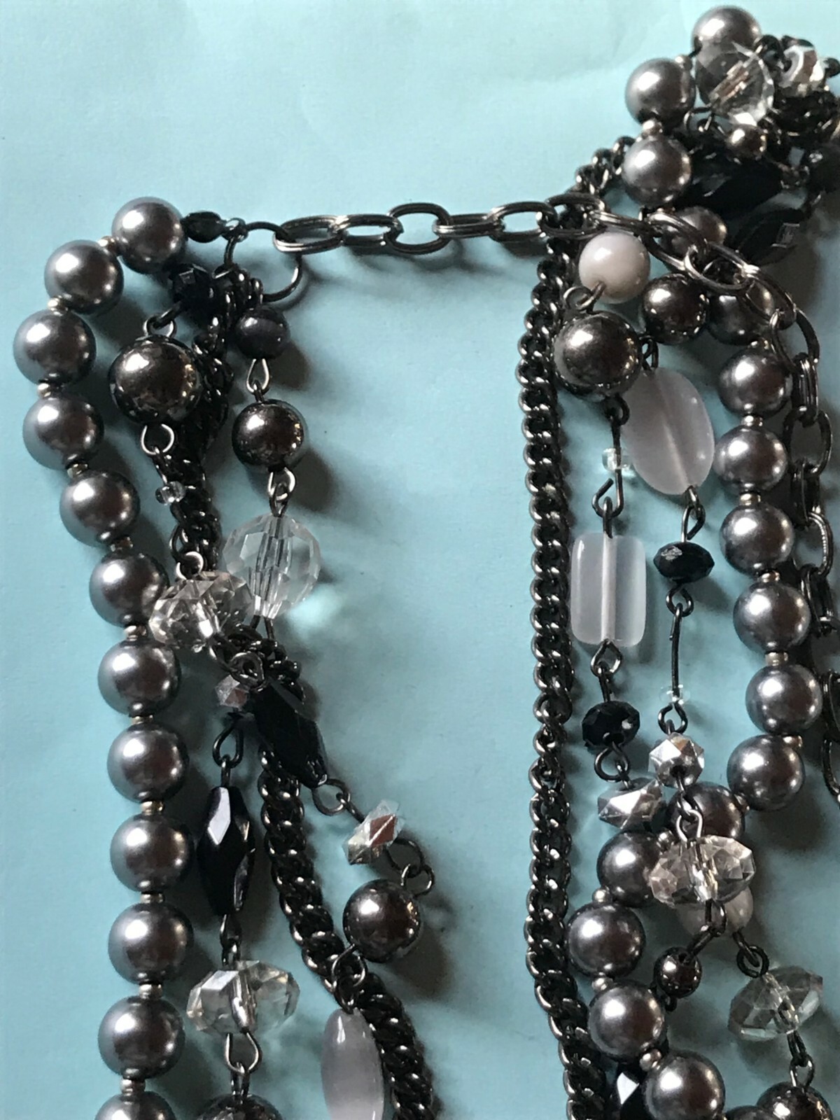 Long Oxidized Silvertone Chain w Multistrand Gray White & Black Beads Necklace