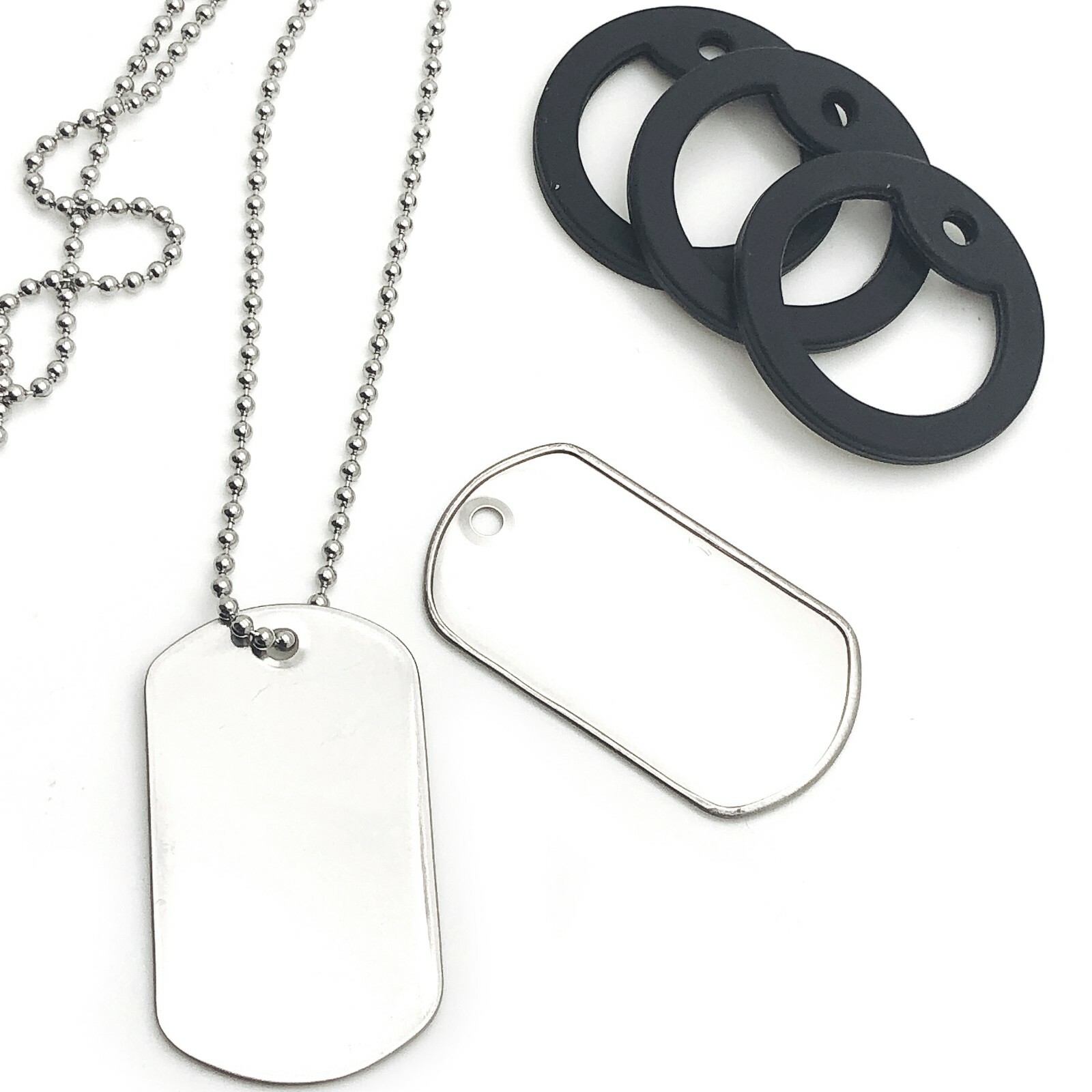 10pc STAINLESS STEEL DOG TAGS, 24″ S/S BALL CHAIN NECKLACES, SILENCER REPAIR KIT