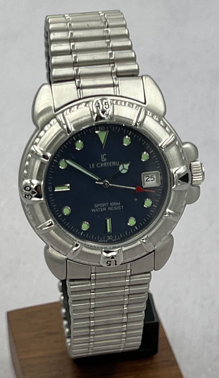 Le Chateau 2150M Men’s Black Dial Glow in Dark Watch, Stainless Steel Band