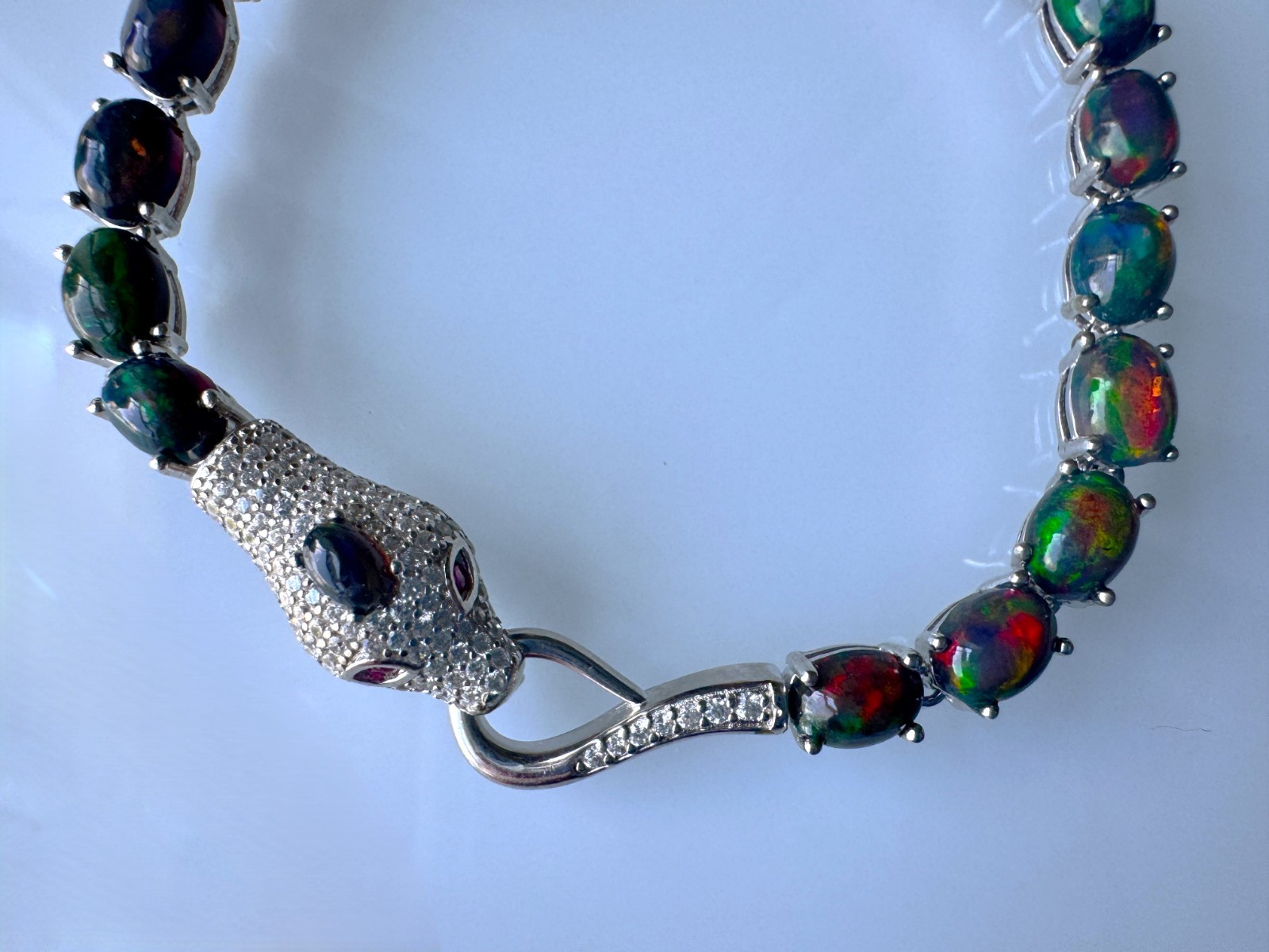 Ethiopian 7x5mm Black Opal Ruby CZ 925 Sterling Silver Cobra Push-Lock Bracelet