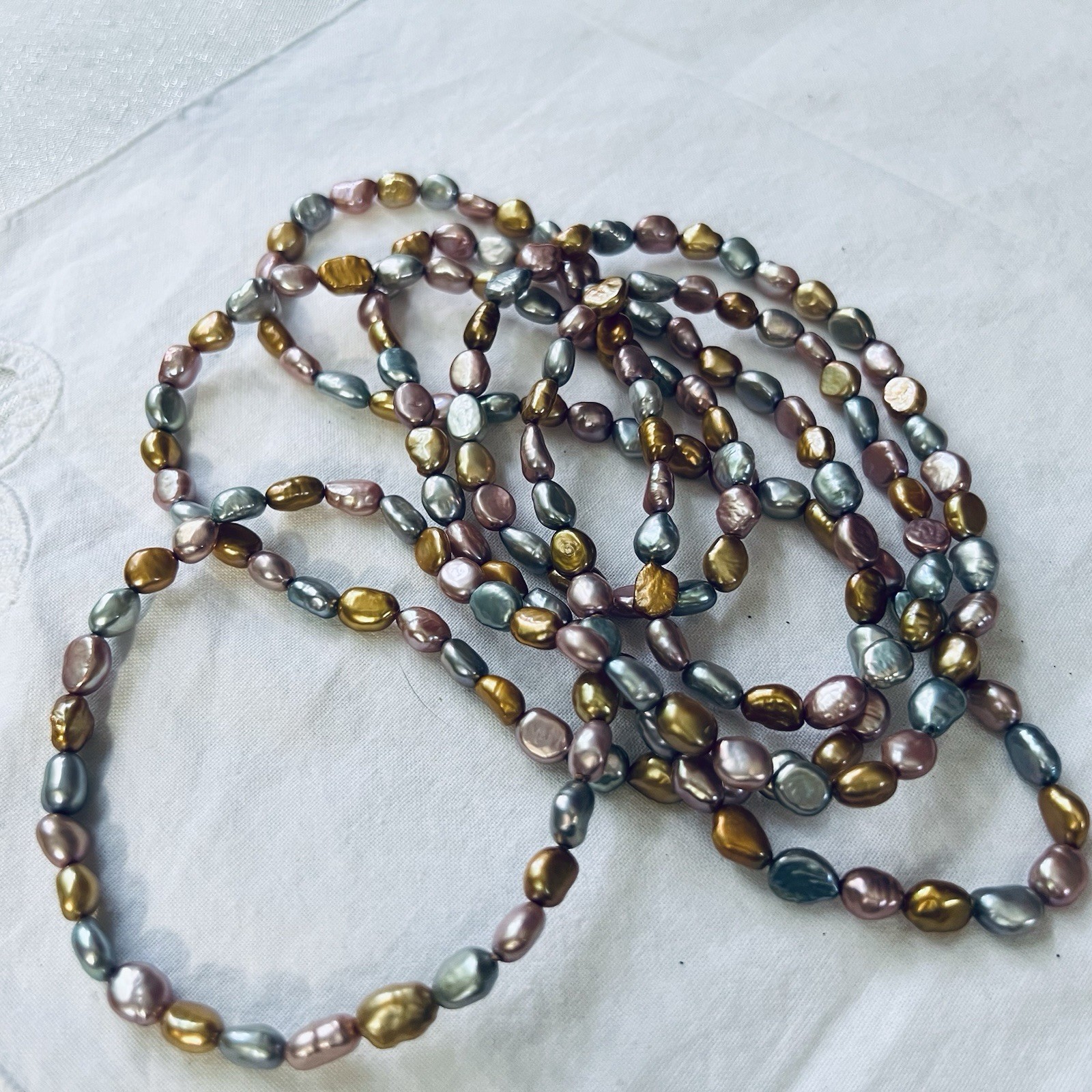 Estate Dyed Pink Grey Gold Freshwater Pearl Flapper Length Necklace, 62”