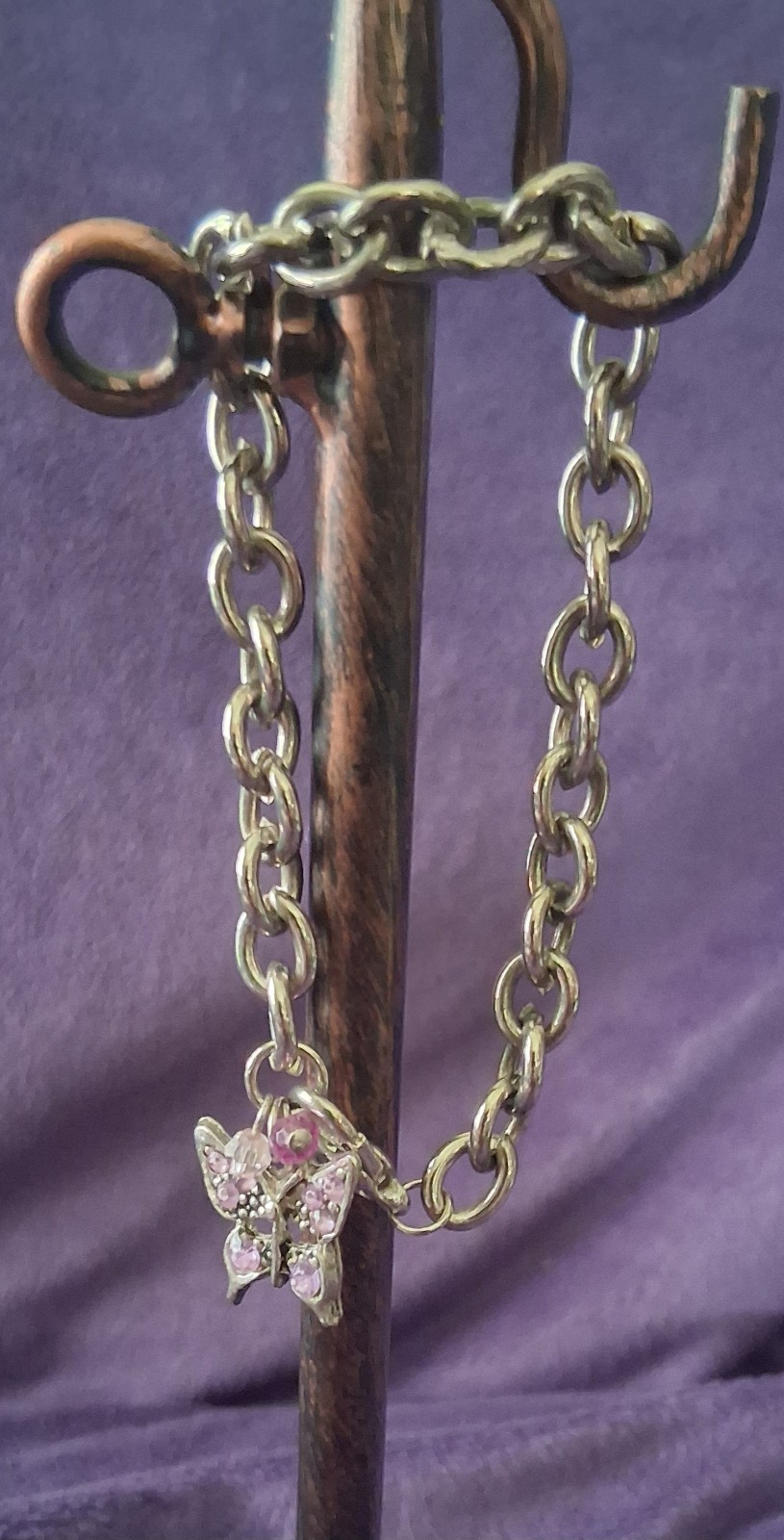 Signed RIL Chunky Cable Chain Bracelet Pink&Purple Rhinestone Butterfly 7.5″ Y2K