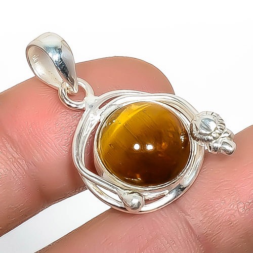 Natural Yellow Tiger Eye – South Africa 925 Silver Plated Pendant 1.37″ T48