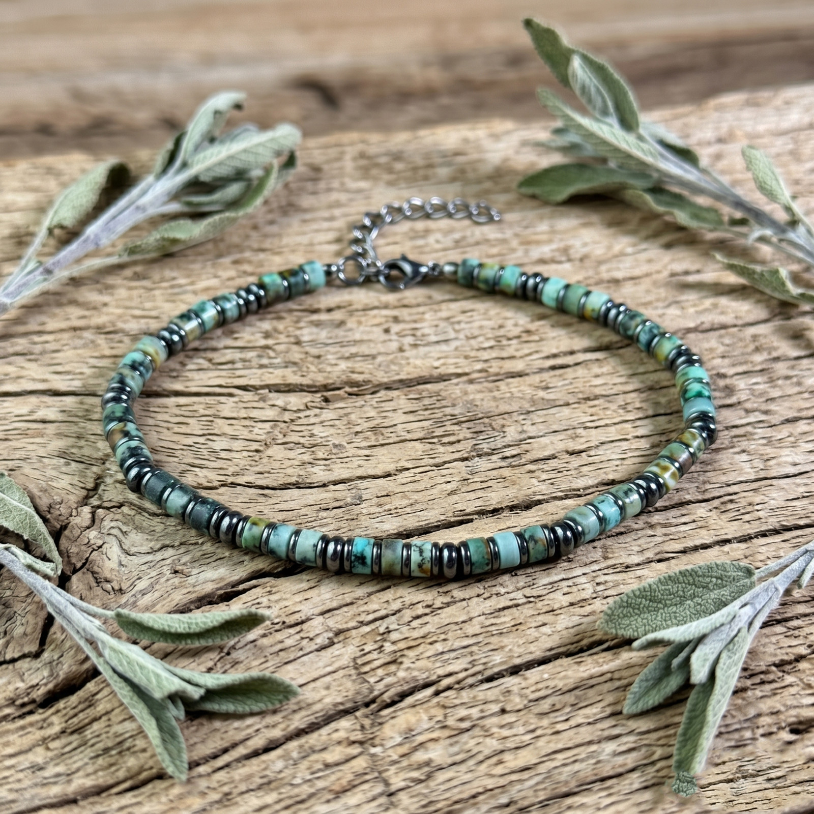 Men’s African Turquoise Hematite Bracelet 7.5 Inch Natural Stone Protection