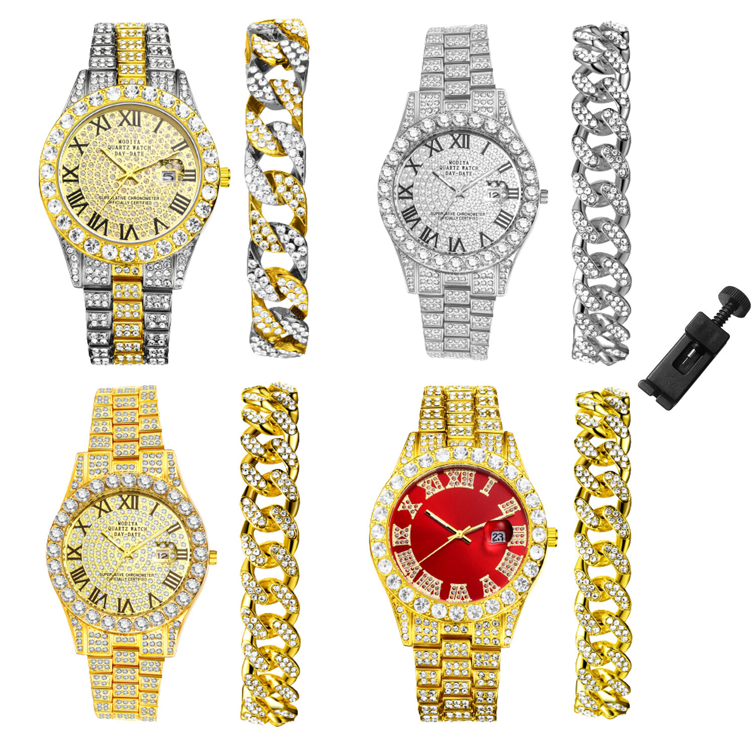 Hip Hop Men CZ Iced Round Stainless Steel Date Quartz Wrist Watch Cuban Bracelet