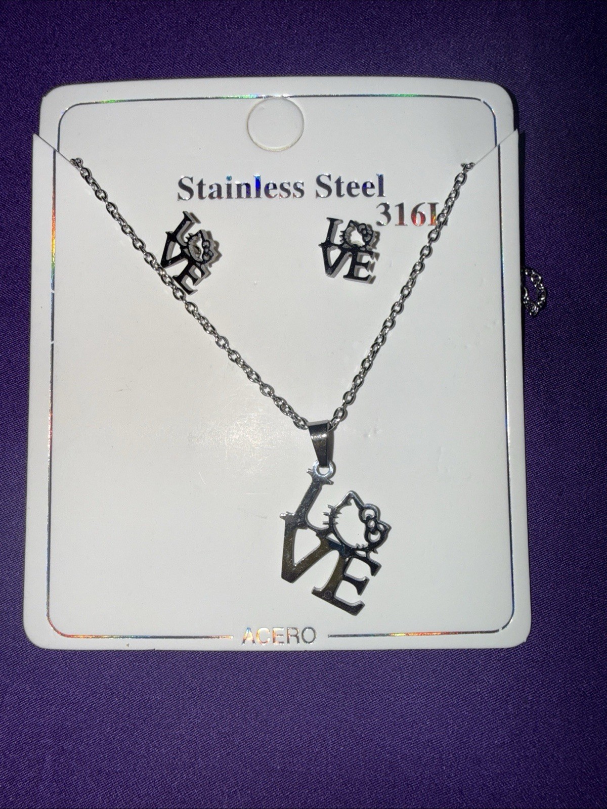 Set of Hello Kitty Love Inspired Necklace Silver Stainless Steel 17 ” & Earrings