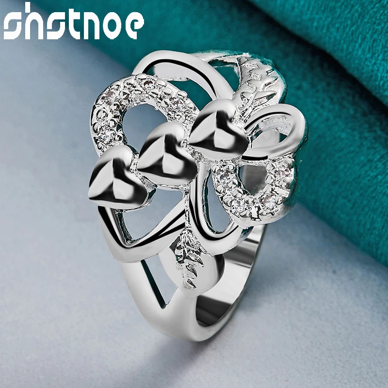SHSTONE 925 Sterling Silver rings Inlay AAA Zircon Three Heart Bowknot Ring For