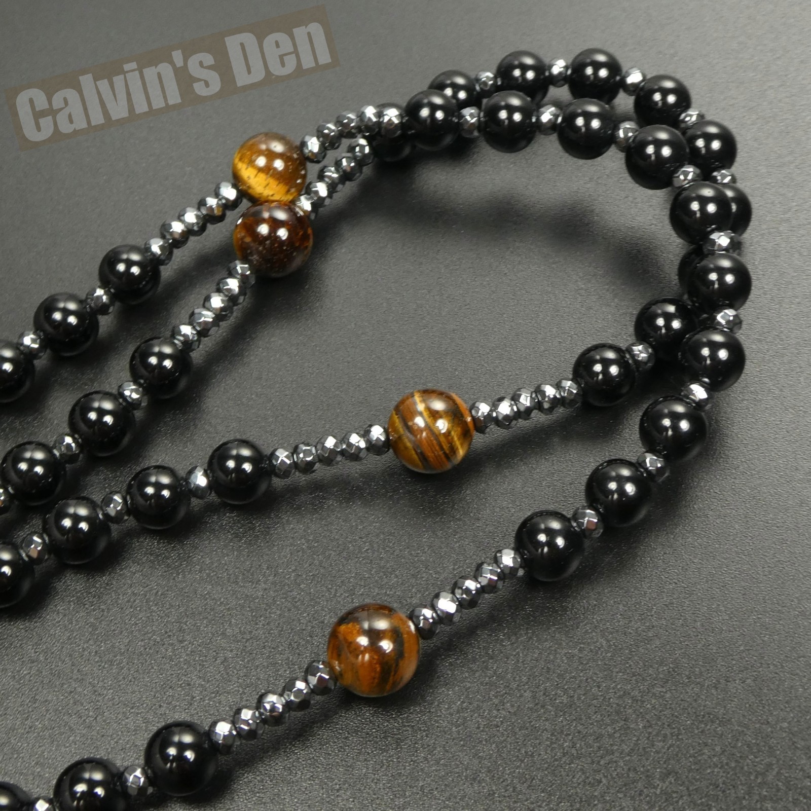 Large Gothic Punk Cross Pendant Tiger Eye Black Onyx Beads Rosary Necklace Men