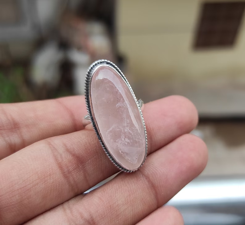 Rose Quartz Ring 925 Sterling Silver Band& Statement Handmade Ring All Size