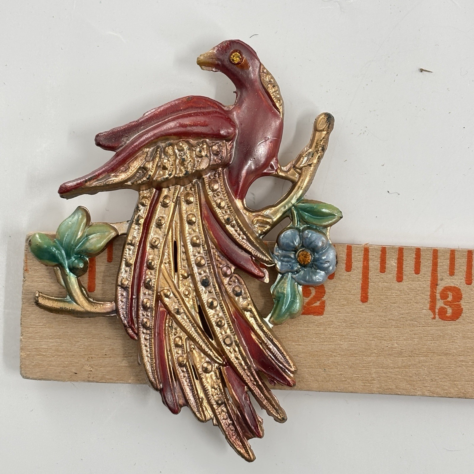 Vintage Pot Metal and Enamel Brooch Pin Exotic Bird Flowers Tropical Paradise