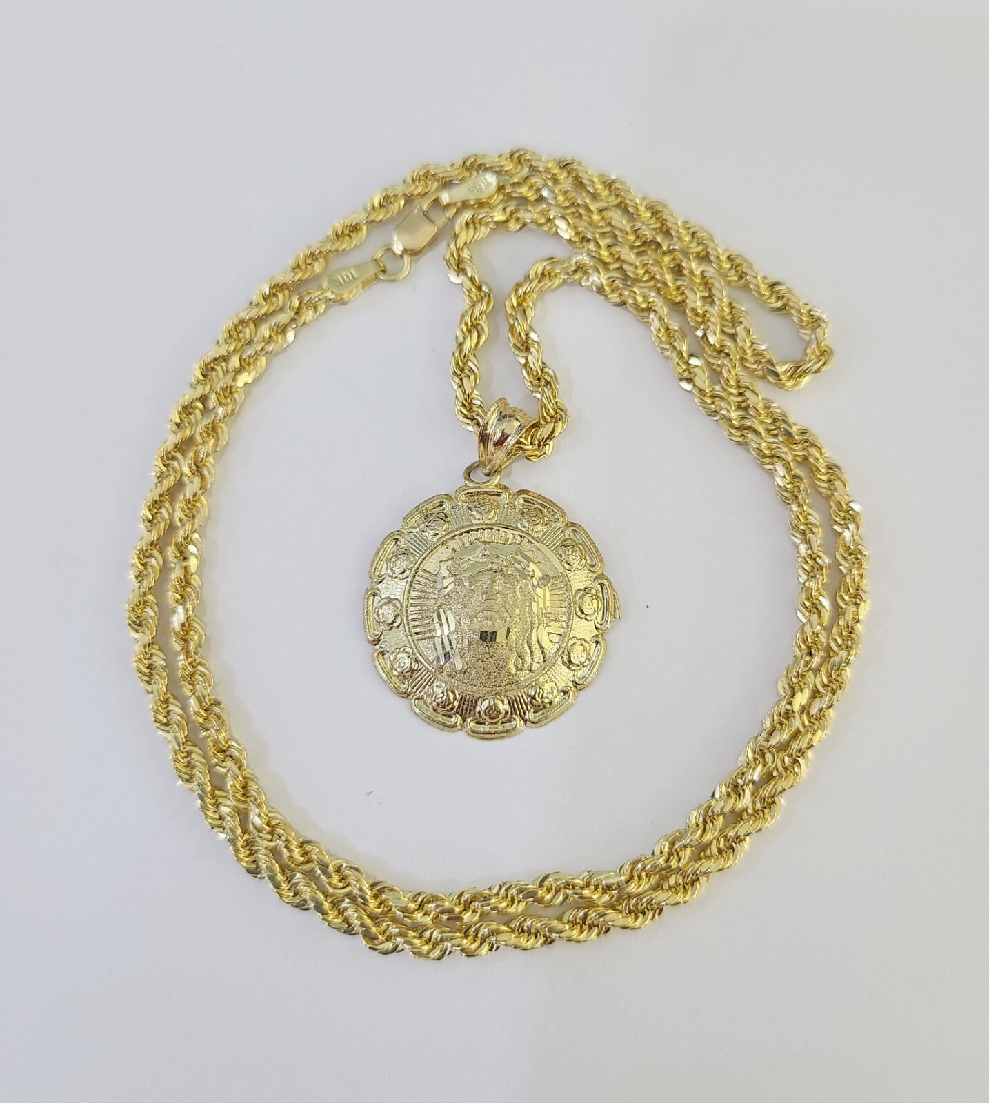 10k Rope Chain Jesus Guadalupe Pendant 18-30 inch Yellow Gold Charm Necklace