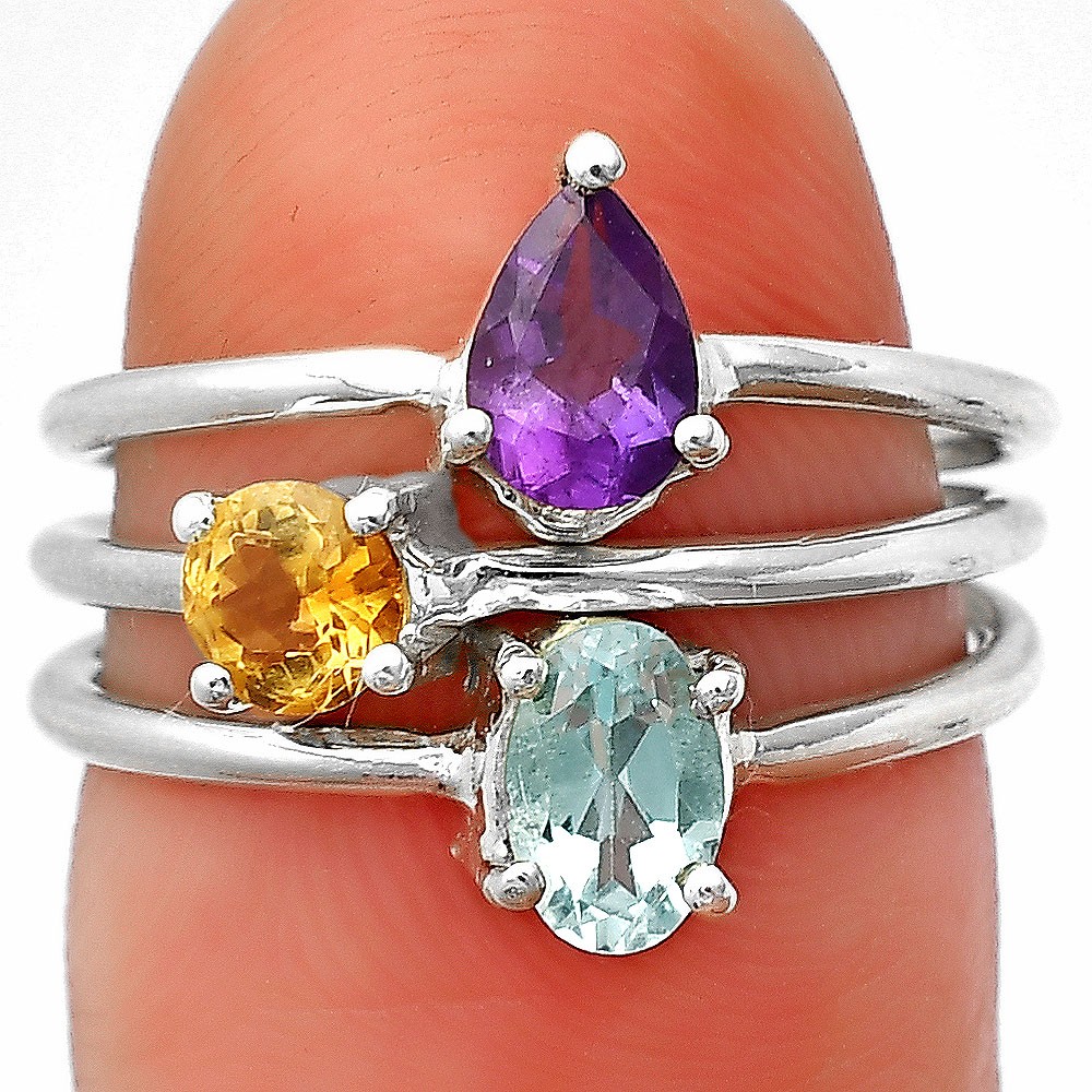 Three Colorful Stone Gemstone Stackable Ring 925 Sterling Silver Jewelry DGR1120