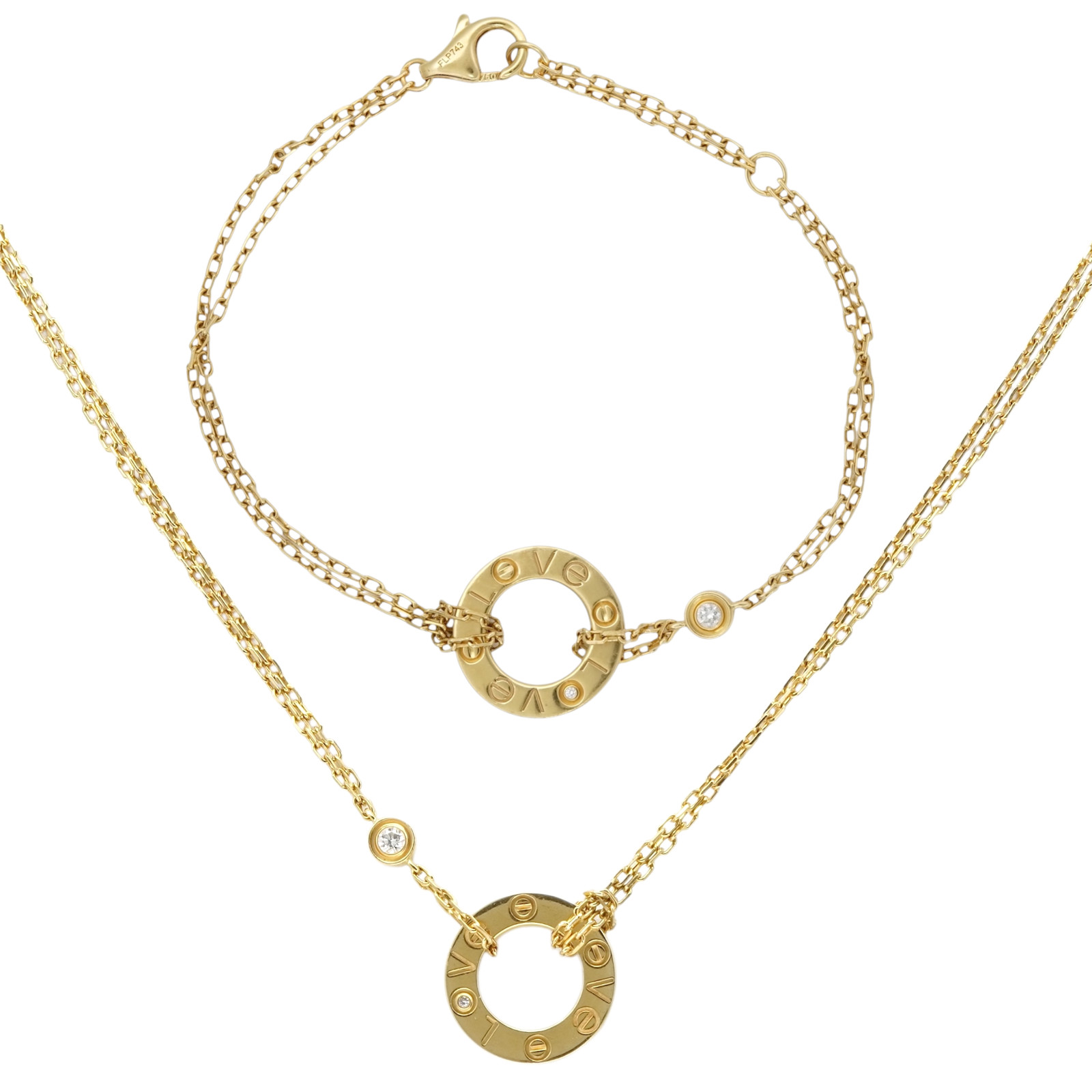 CARTIER Love 2 Diamonds Pendant and Love Bracelet On Chain Set 18K Yellow Gold