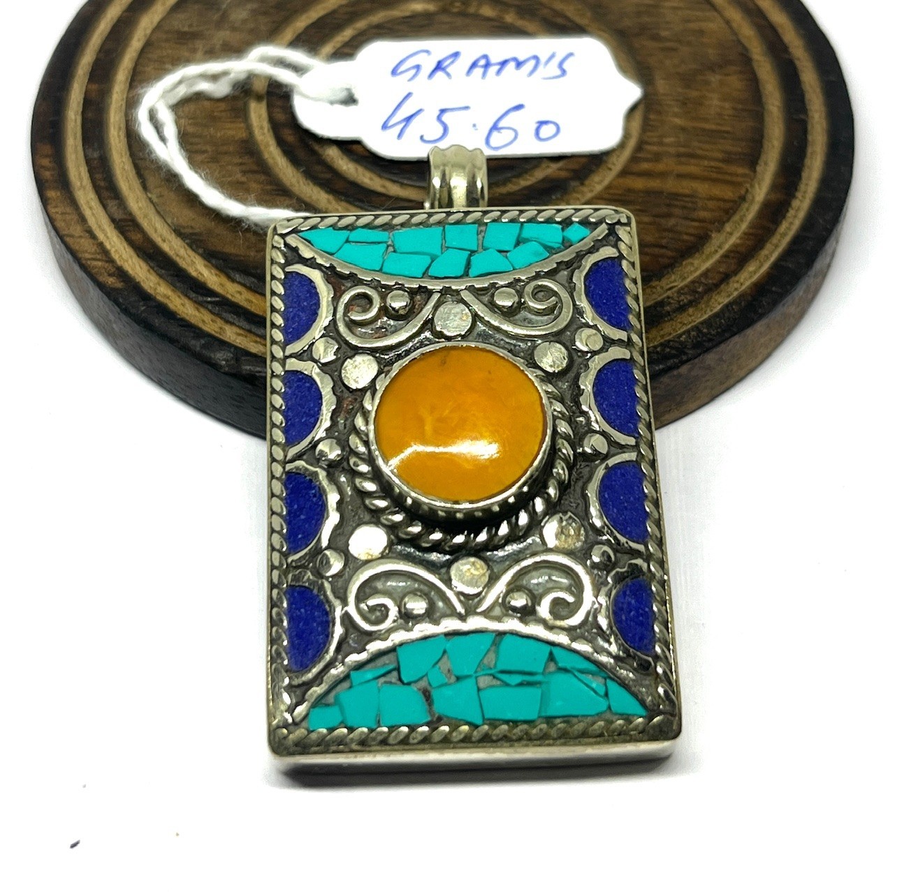 Turquoise Lapis Amber Gemstone Tibetan Statement Pendant Jewelry, 2.0 inch