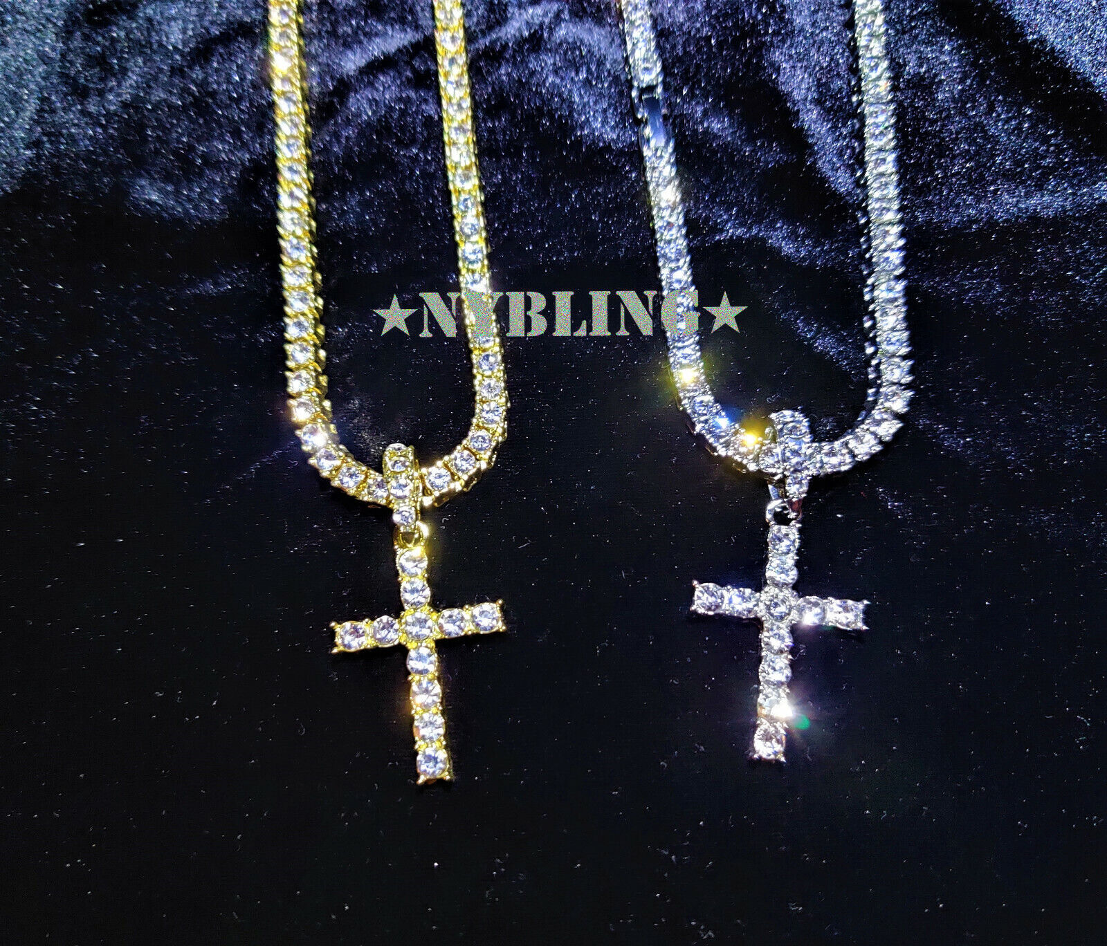 14k Gold Plated Tennis Chain Cross Pendant CZ Choker Necklace ICED Jewelry 4MM