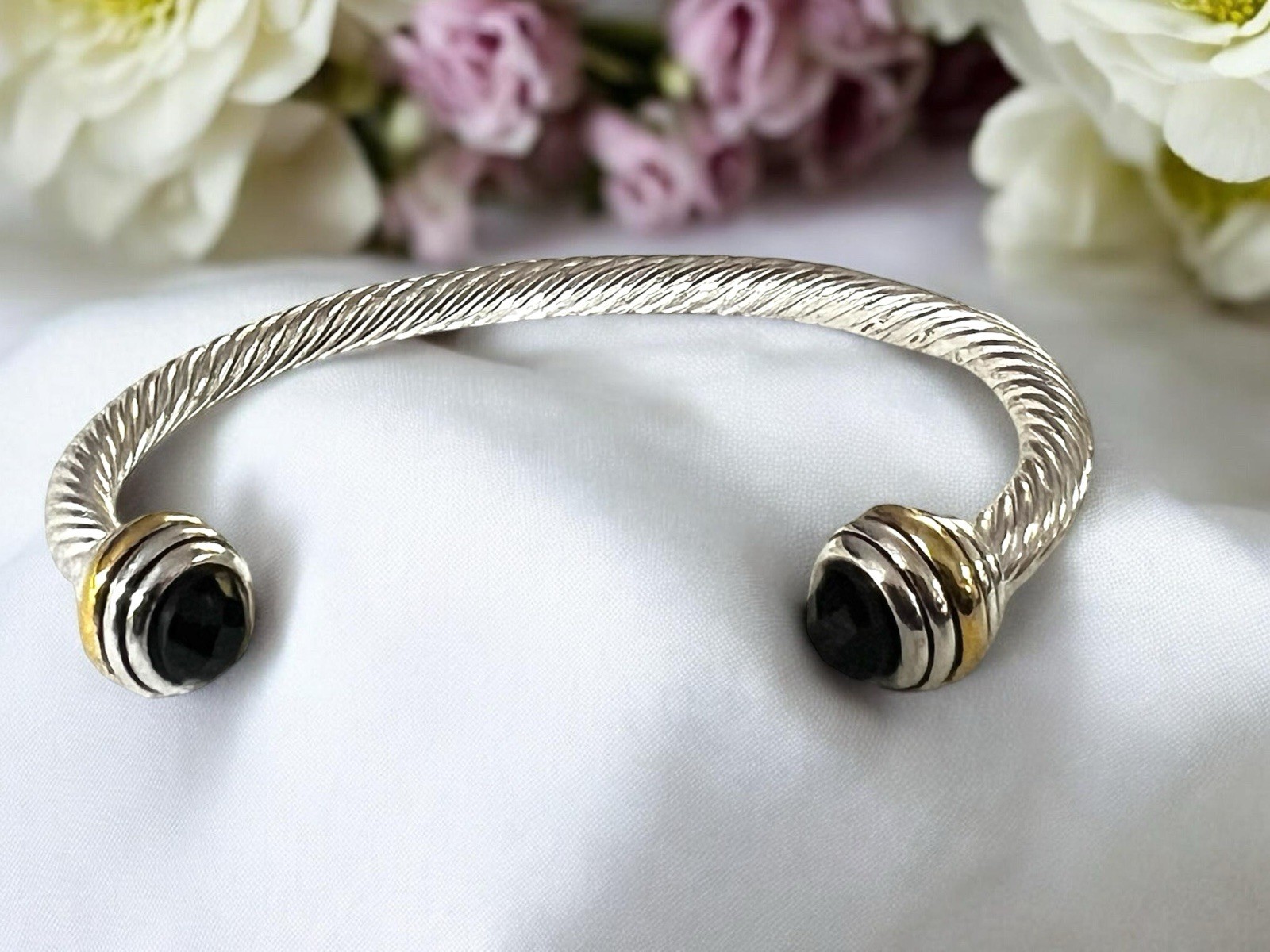 Silver Tone Twisted Open Cuff Bracelet with Black Faceted Stone Ends
