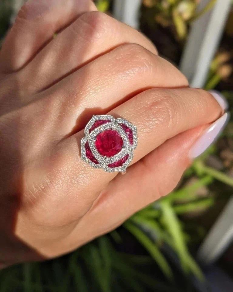 2.80Ct Cushion Cut Natural Ruby & Diamond Solid 14k White Gold Engagement Ring