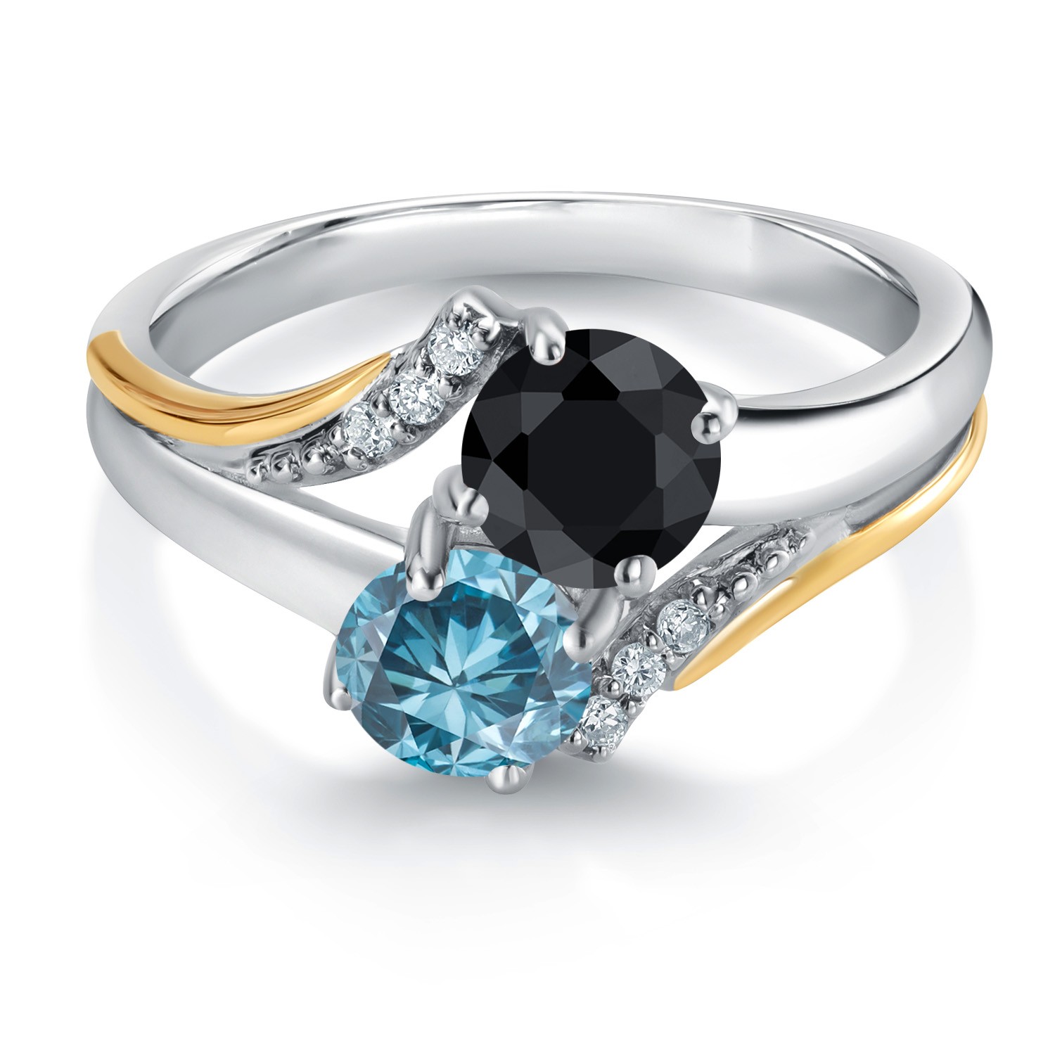 925 Silver and 10K Yellow Gold Blue Lab Grown Diamond and Black Sapphire and