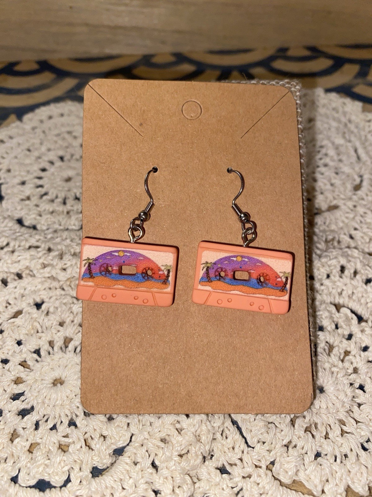 Hand Assembled Retro Cassette Tape Dangle Hook Earrings 80s 90s Tropical Kawaii