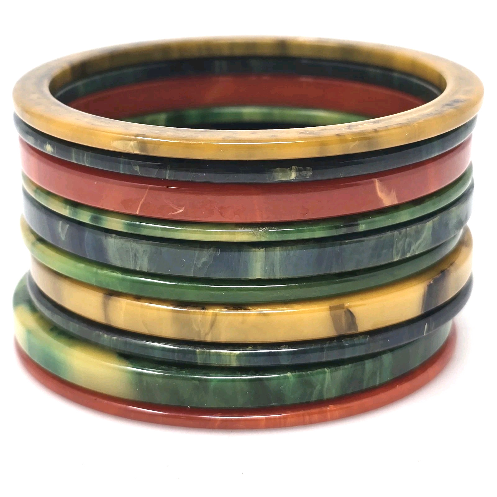 SET of 9 BAKELITE Bracelets MARBLED Multicolor Bangles Green Red Yellow RARE