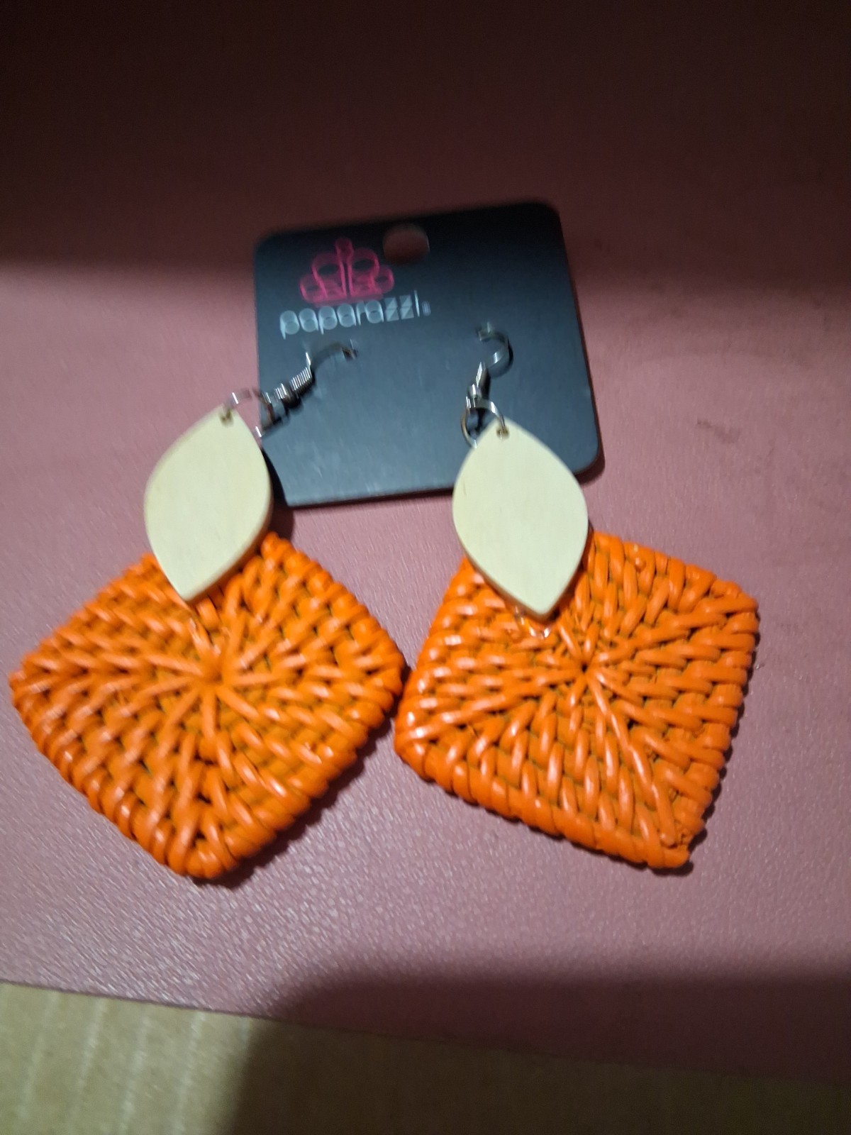 Paparazzi Orange & Beige Wicker Teardrop Dangle Earrings, Hook Closure