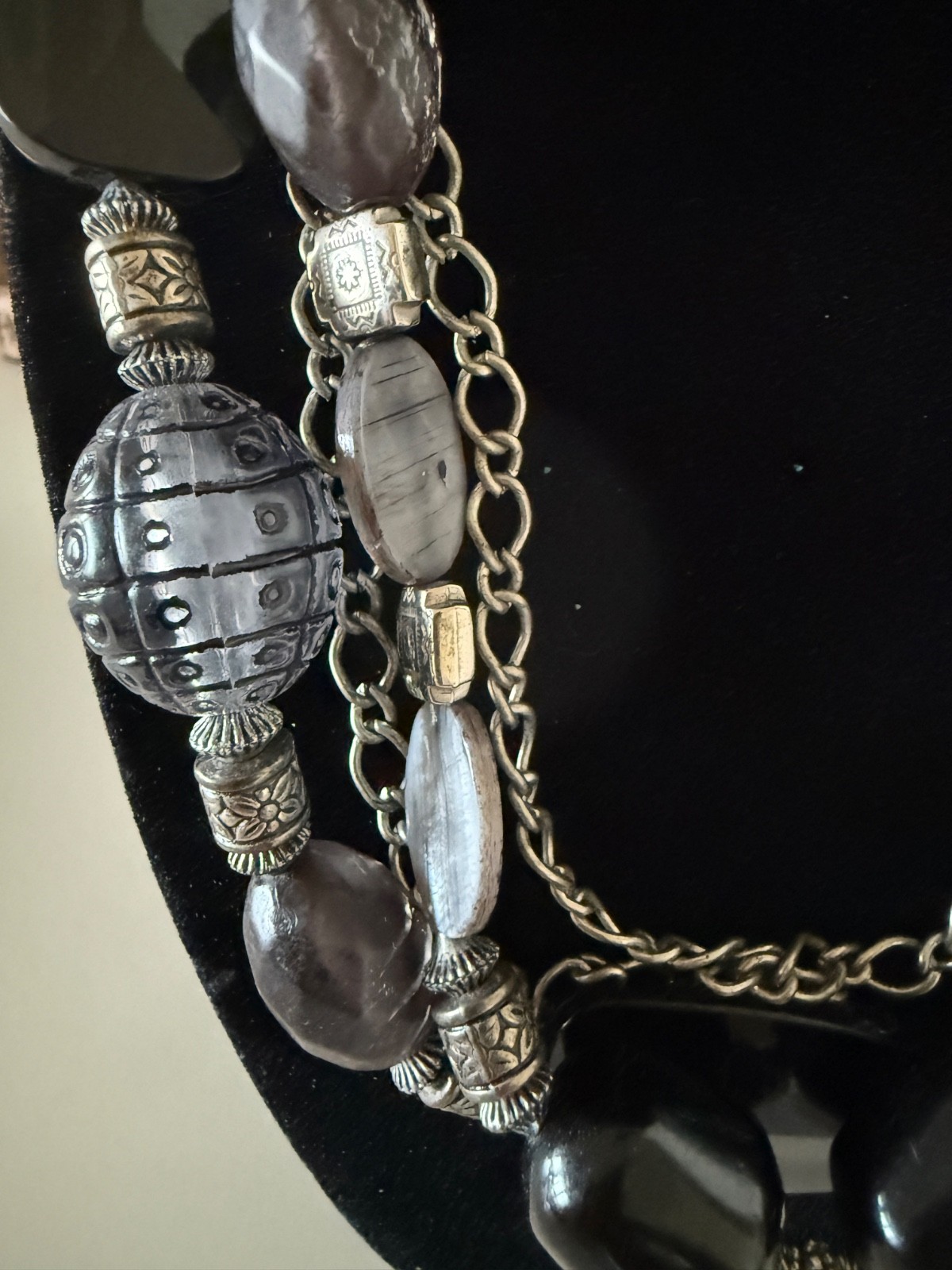 Chunky Statement Beaded Multi Strand Necklace Silver, Black & Gray