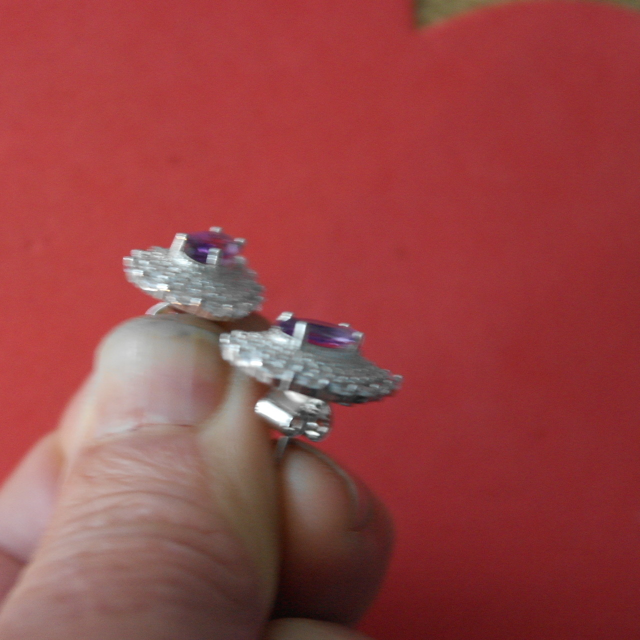 IMPRESSIVE! NATURAL! 4 X 10 mm. PURPLE AMETHYST & WHITE CZ..925 SILVER EARRINGS