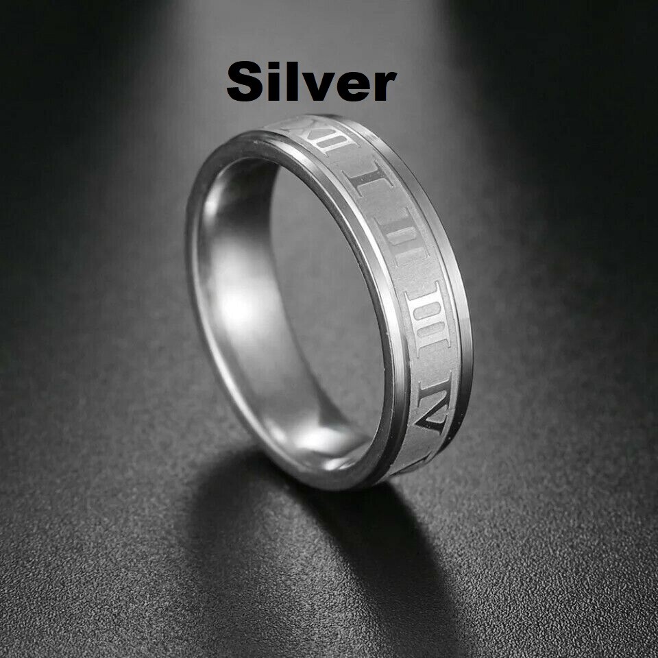Roman Numerals Gold/Silver/Black Stainless Steel 6mm Wedding Ring Size 6.5 – 11