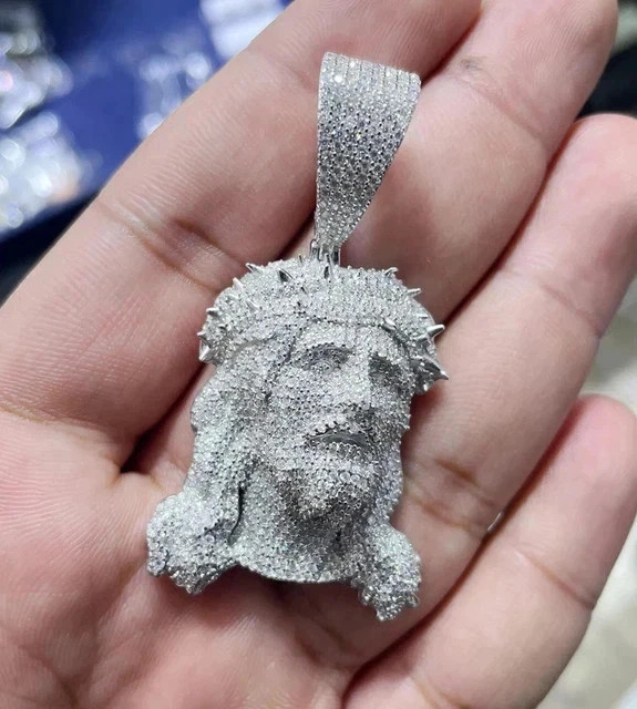 3.20Ct Round Cut Real Moissanite Jesus Face Men’s Pendant 14K White Gold Plated