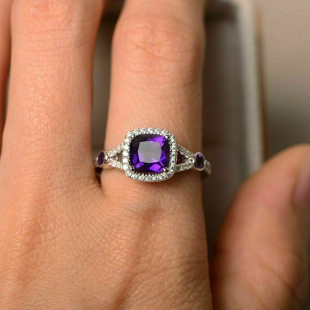 1.90Ct Amethyst Purple Cushion CZ Engagement Ring In 925 Sterling Silver
