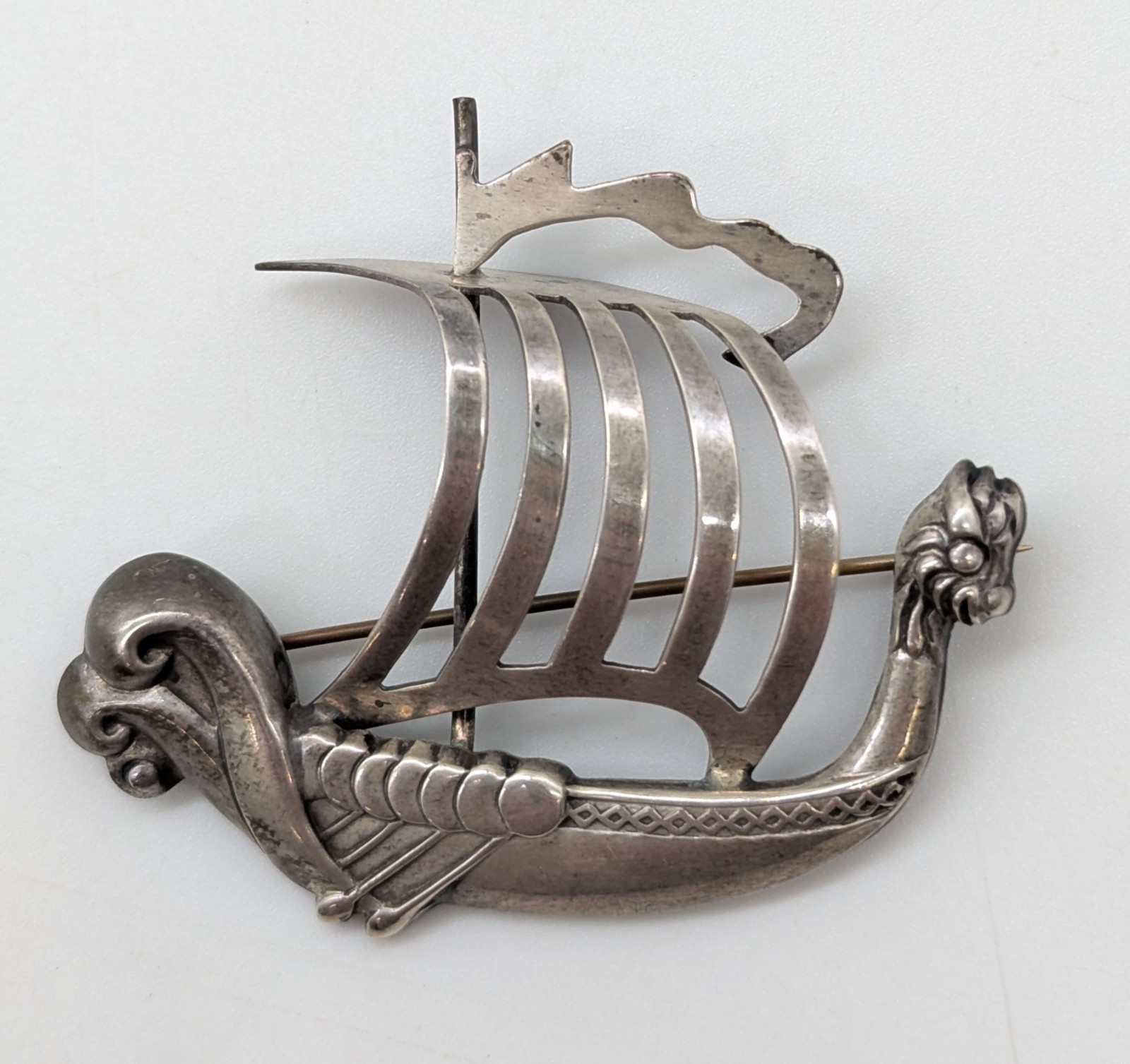 Vtg Lang Sterling Viking Ship Dragon Boat Pin Brooch Silver