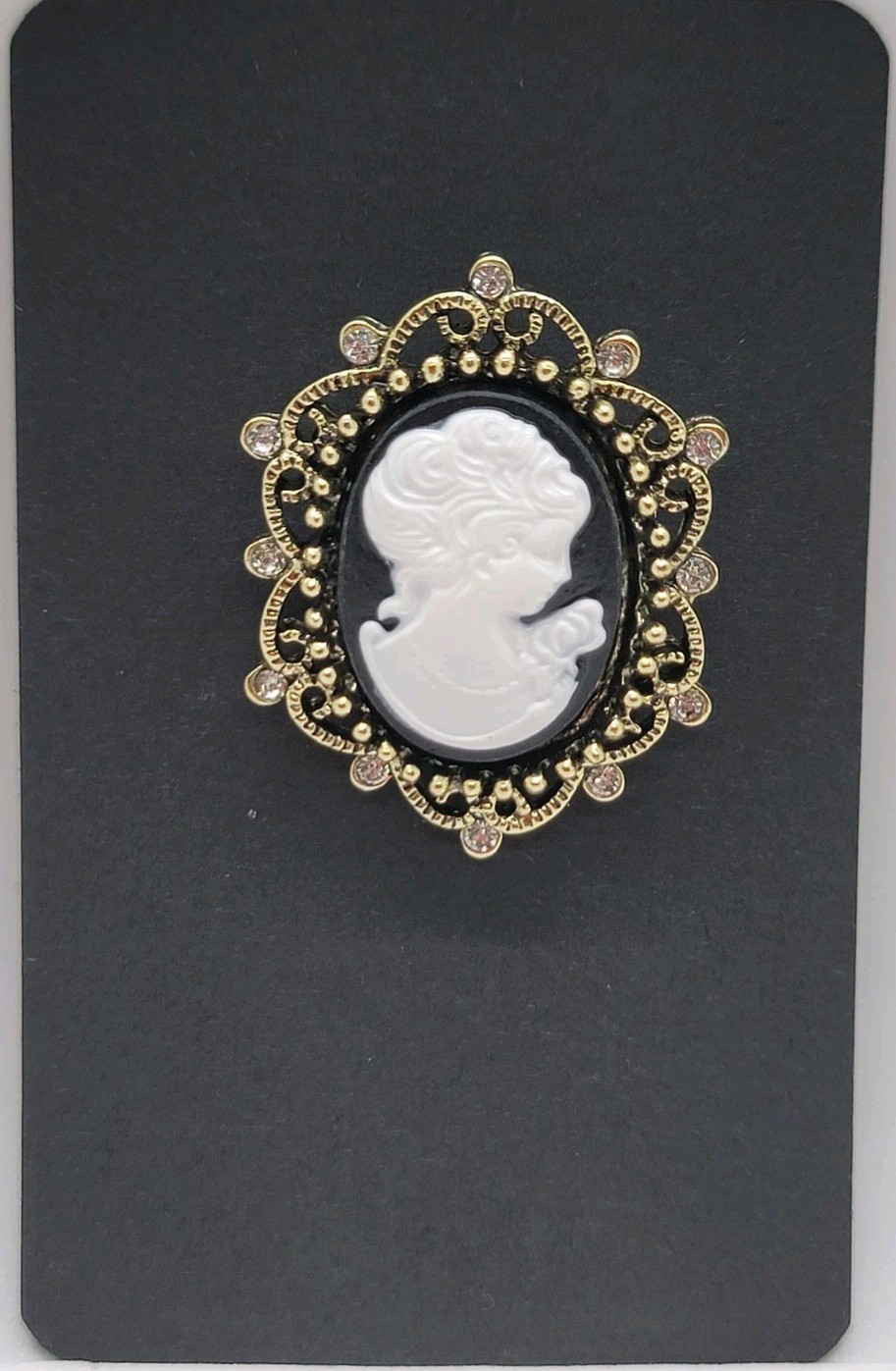 Vintage Victorian Style Cameo Brooch Pin Petite Black & White Rhinestone New