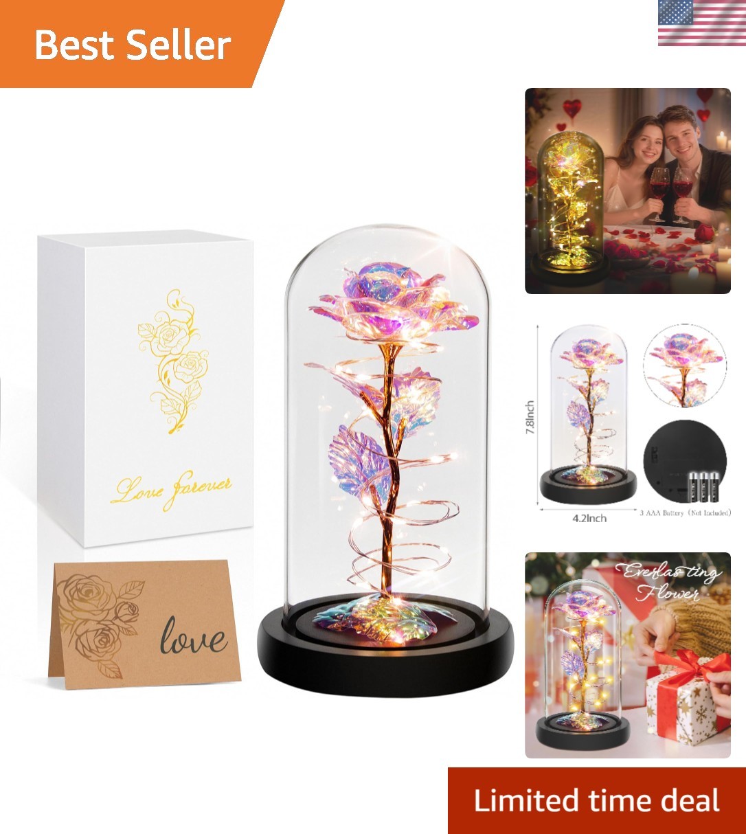 Luxury Light Up Rainbow Rose in Glass Dome – A Heartfelt Gift for any Occasion!