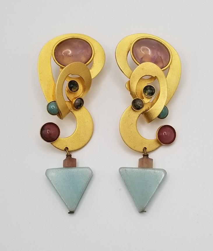 Vintage Gale Rothstein Semi-Precious Stones Gold Plated Dangle Pieced Earrings