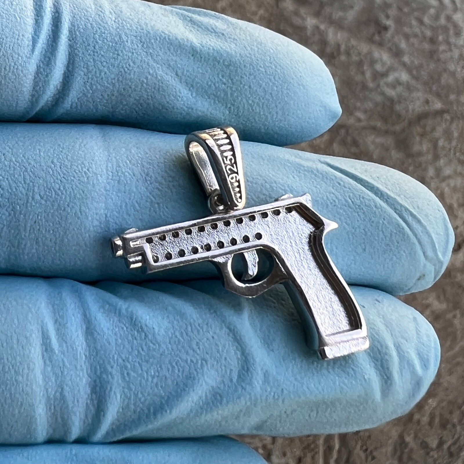 Real Solid 925 Sterling Silver Gun Pistol Scrollwork Engraving Iced CZ Pendant