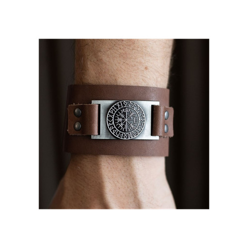 Norse Viking Compass Genuine Leather Bracelet Adjustable Snap Cuff Men Jewelry
