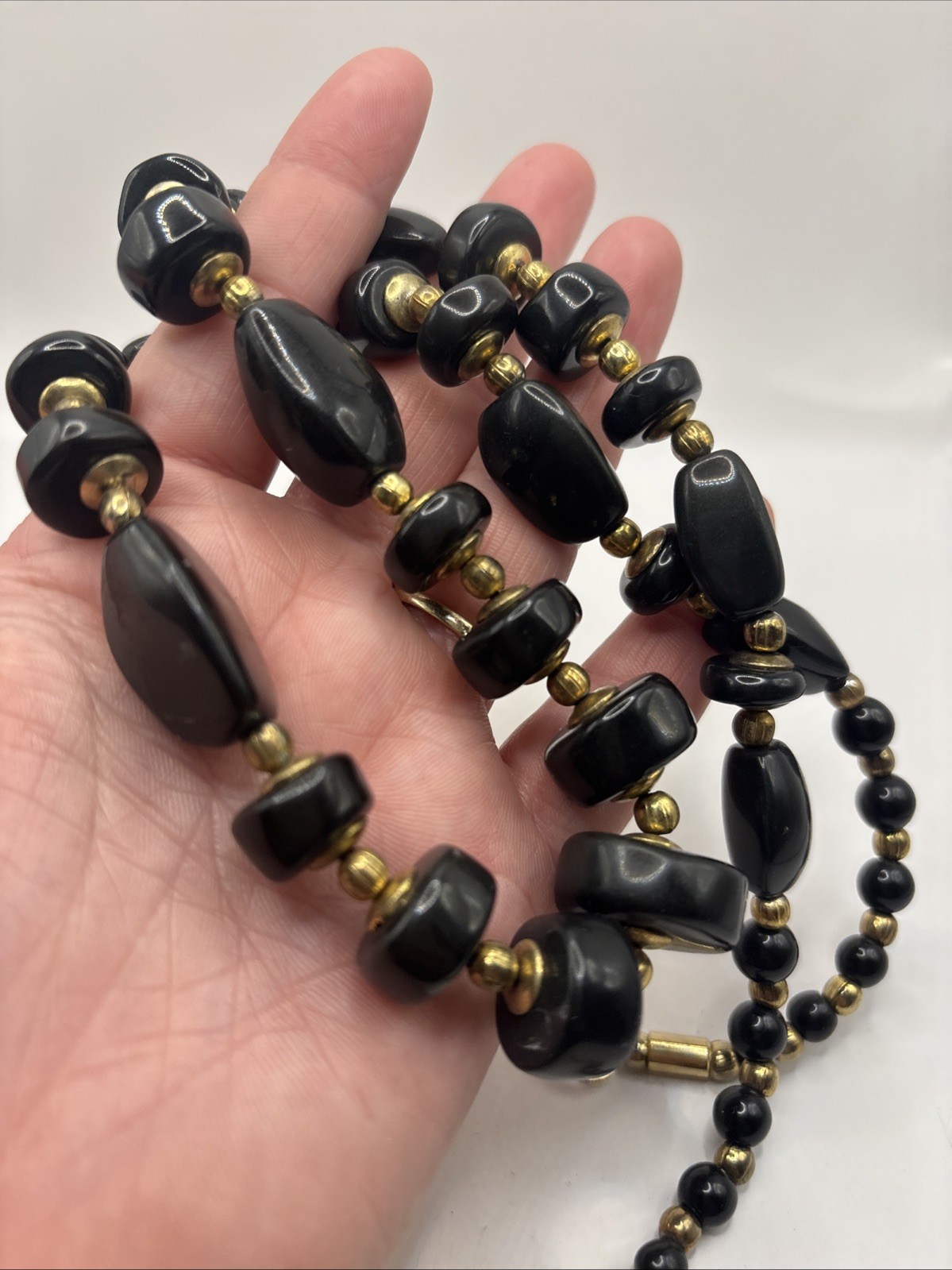 Vintage Black And Gold Toned Beaded Necklace Hook Clasp