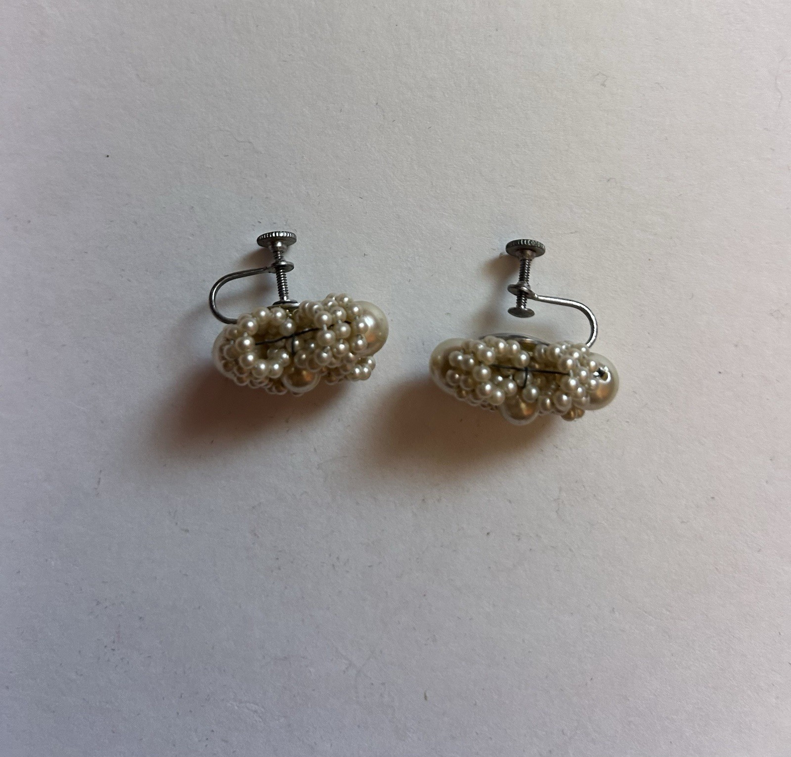 White Simulated Imitation Pearl Beaded Flower Cluster Stud Screw-Back Earrings