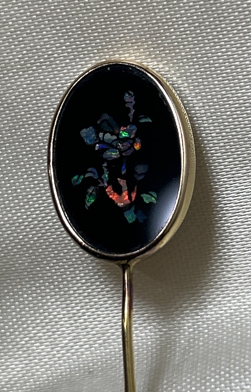 EXCEPTIONAL ANTIQUE VICTORIAN 14K GOLD PIETRA DURA STICK PIN FLORAL MOSAIC!