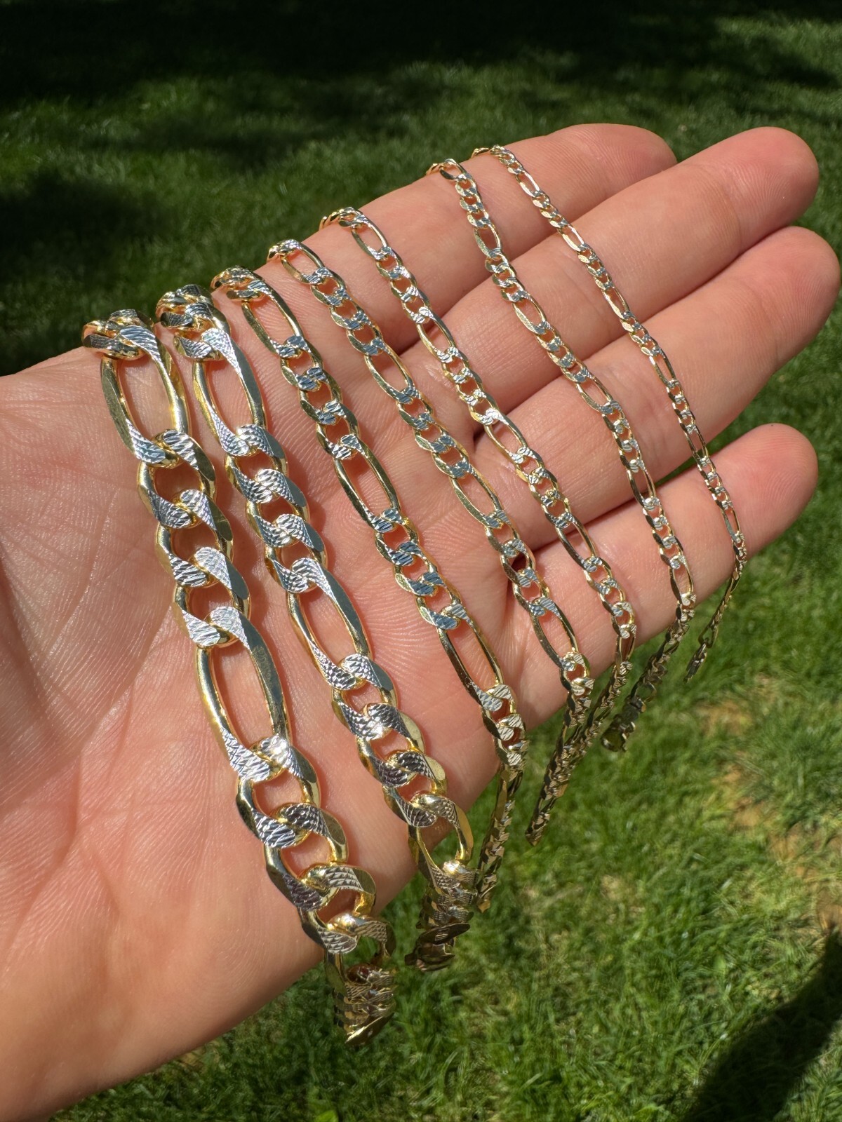 14k Gold Plated Solid 925 Sterling Silver Figaro Link Chain Two Tone Diamond Cut