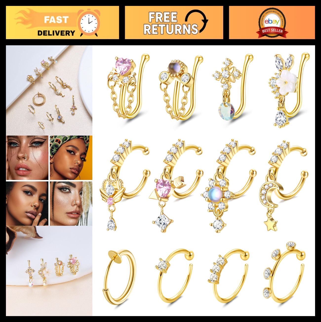 Non-Piercing Nose Cuff Hoop Ring for Men & Women | CZ Dangle Cartilage Tragus Je