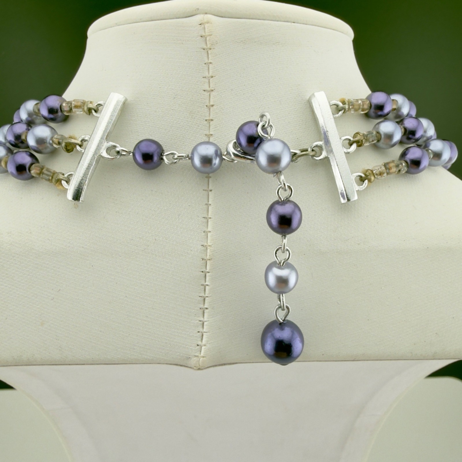 Vintage Purple Beaded Multi Strand Necklace Clip-On Earrings Set Japan