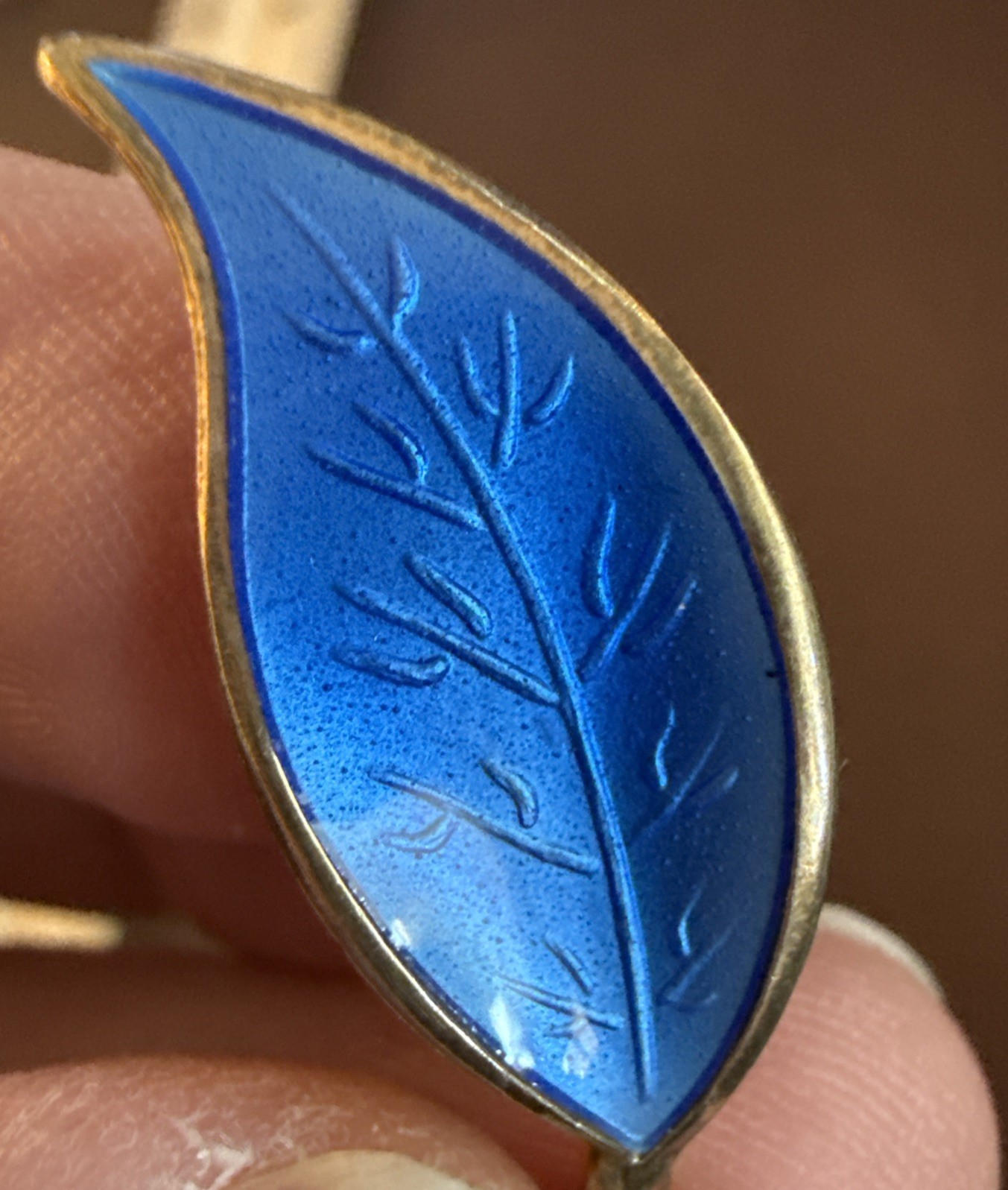 David Andersen Leaf Earrings Guilloche Blue Enamel Sterling Silver Norway 925S