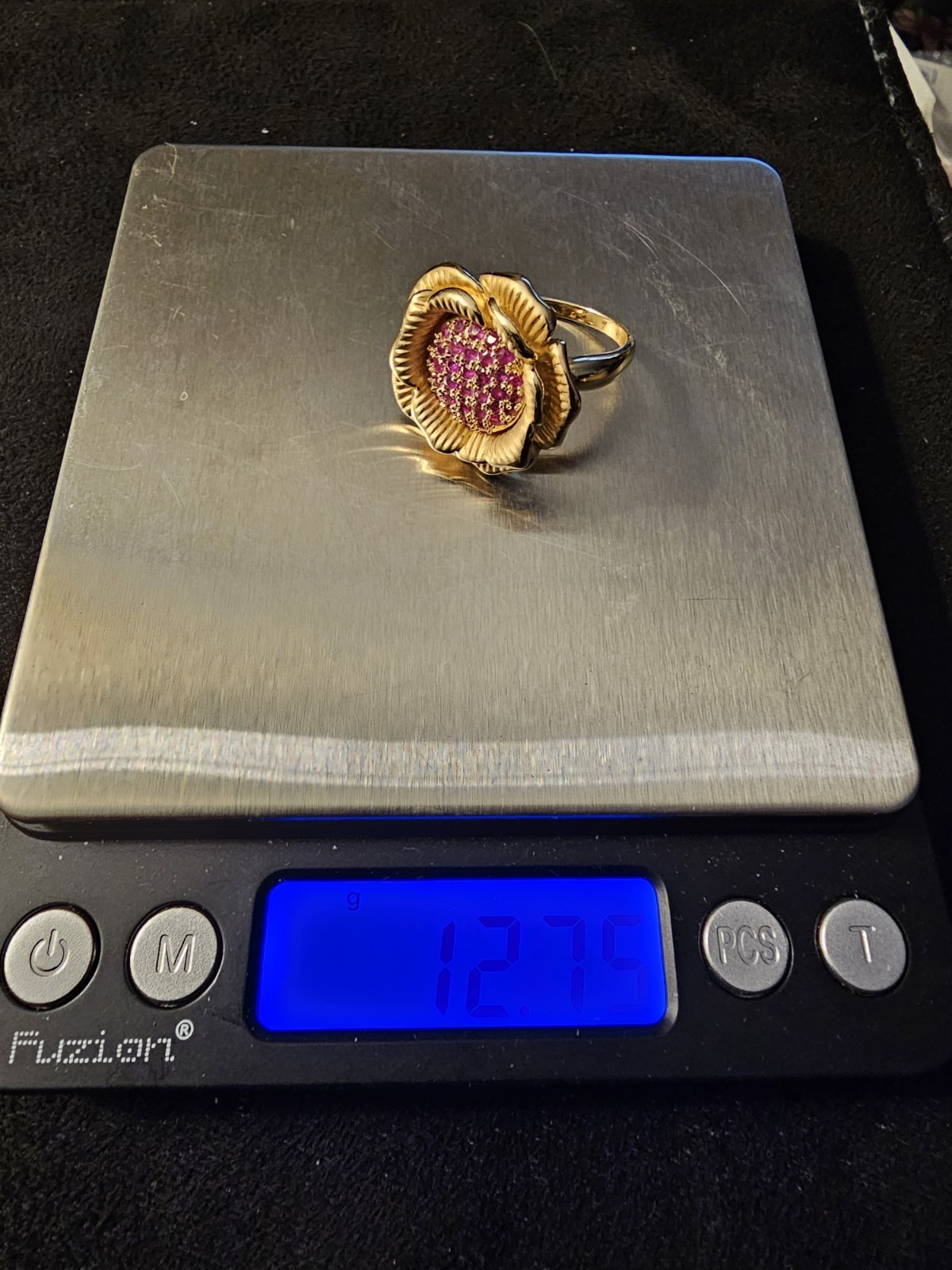 925 Sterling Silver Gold Vermeil Ruby Flower Statement Ring Size 9 Tested 12.75g